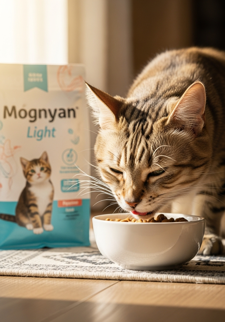 モグニャンライトのパッケージと美味しそうにたべるかわいらしいシニア猫写真