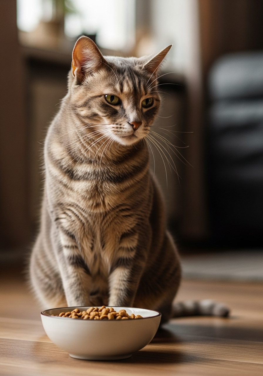 キャットフードを前にそっぽを向く猫、ダイエットフード食べない、シニア猫