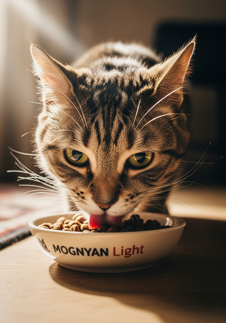 モグニャンライトを夢中で食べるシニア猫、食いつきが良い写真