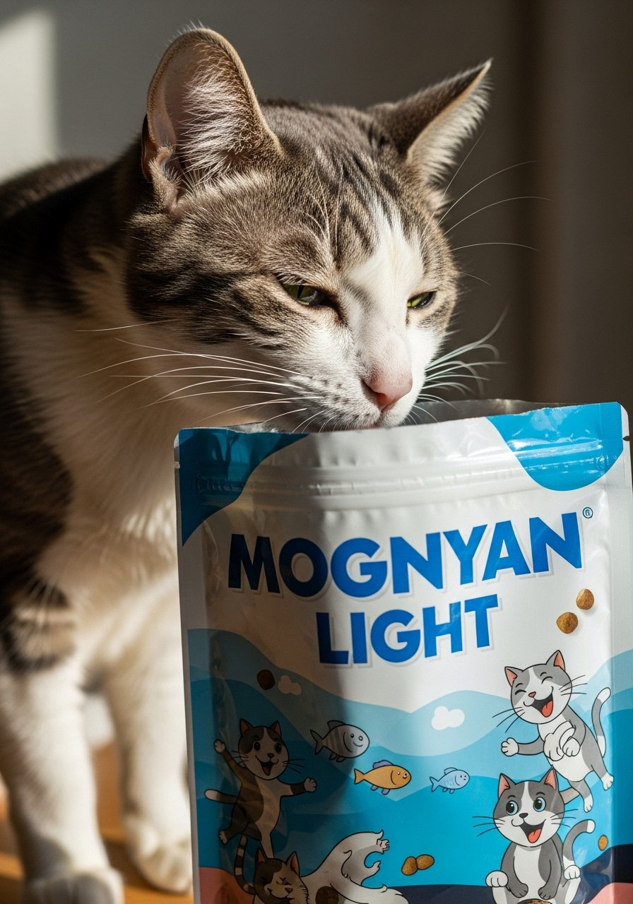 モグニャンライトのにおいをかいでいるシニア猫、写真