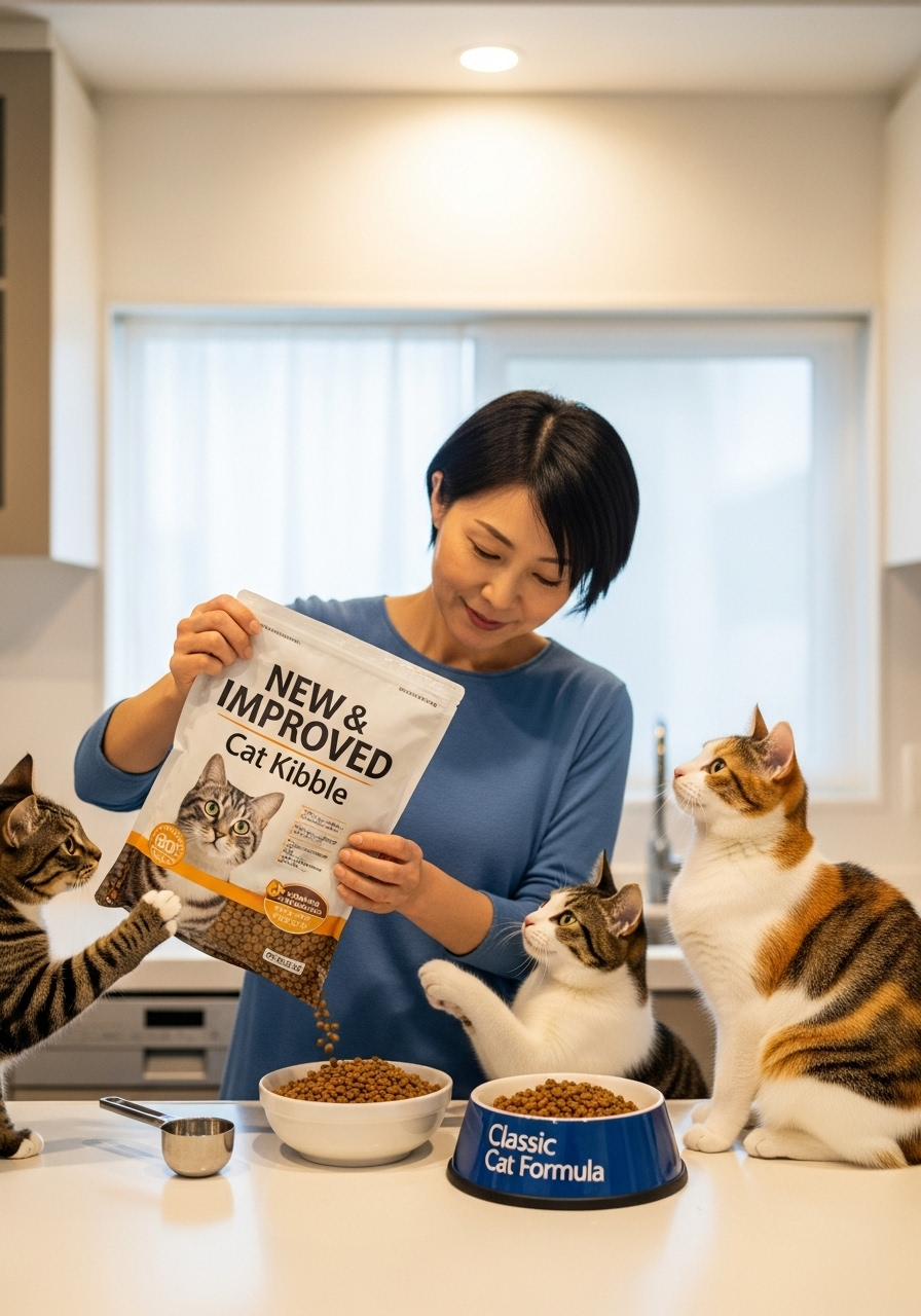 新しいキャットフードと古いフードを混ぜている様子50代の女性 日本人