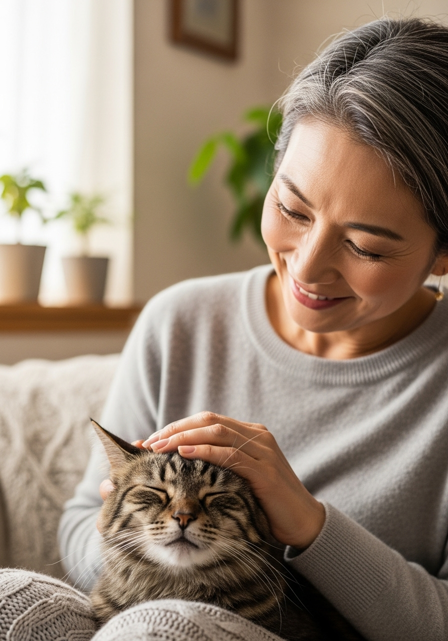 50代の女性 飼い主に優しく撫でられているシニア猫日本人