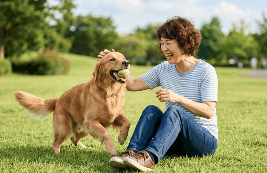 飼い主と愛犬が芝生で笑顔で遊んでいる元気いっぱいで幸せそうな写真