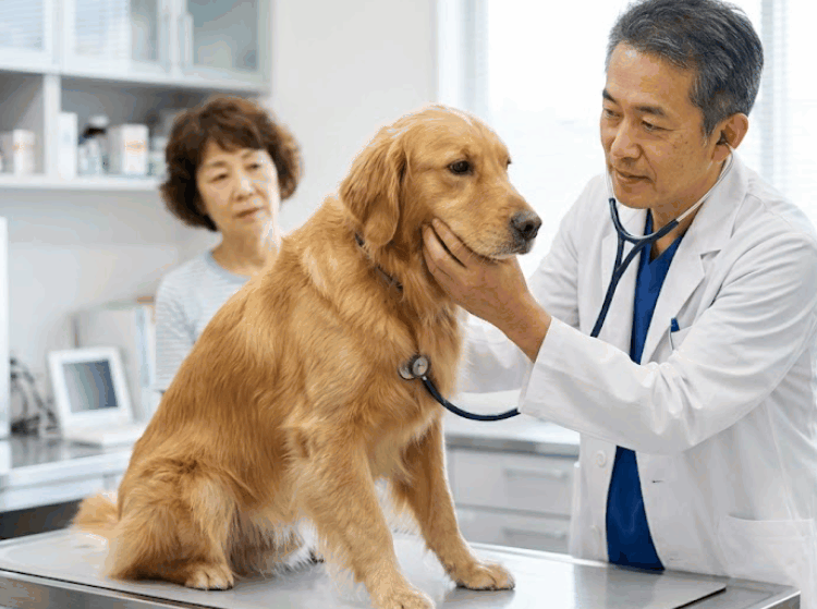 獣医師が診察台で犬を優しく診察している様子