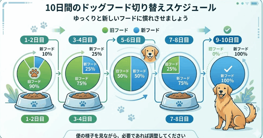 10日間かけてゆっくり行うドッグフードの正しい切り替えスケジュール図解